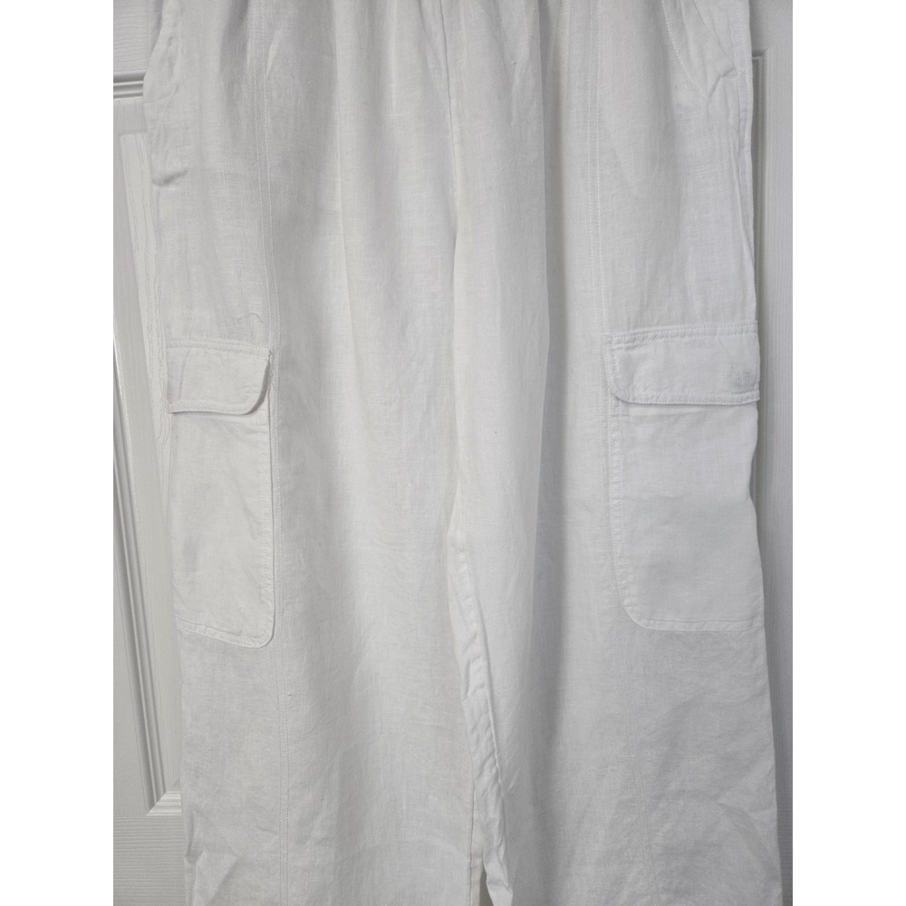 C&C California Womens White 100% Linen Wide Leg Cargo Pants Size M Elastic Waist - Picture 2 of 6